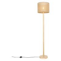 Venkovská stojací lampa dřevěná s lněným stínidlem natural 32 cm - Mels