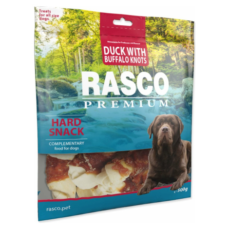 Pochoutka Rasco Premium buvolí kůže s kachním masem, uzly 5cm 500g