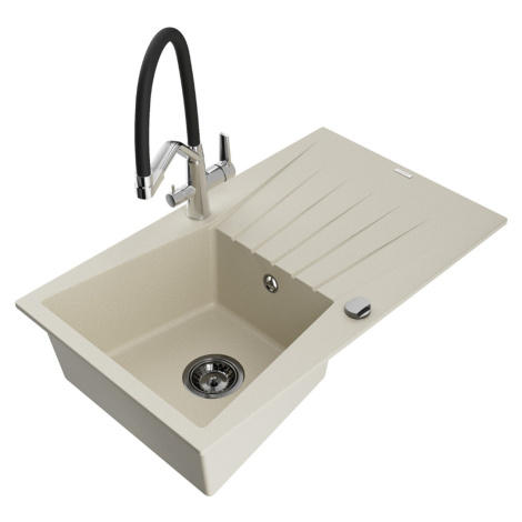 MEXEN/S Cesar granitový dřez s odkapávačem včetně baterie Duo, béžová 6514-69-671701-07-B