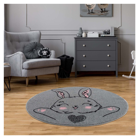 Dětský šedý kulatý koberec usměvavý zajko
