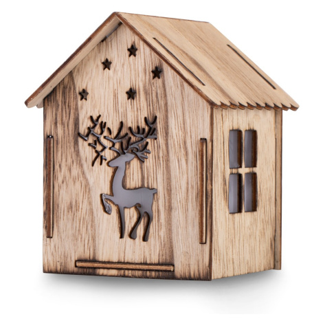 Dekorační vánoční dřevěný domeček s LED osvětlením s motivem jelena 13x11x10,5 cm