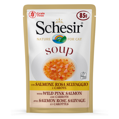Schesir Cat Soup 24 x 85 g - divoký losos s mrkví