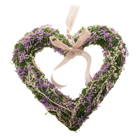 Závěsné mechové srdce se sušenými kvítky, fialová, 30 x 4 cm