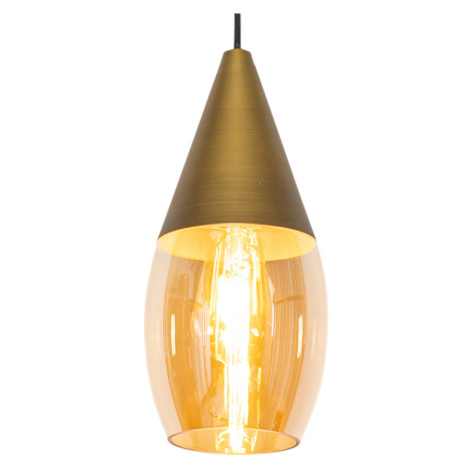 Moderní závěsná lampa zlatá s jantarovým sklem - Drop QAZQA