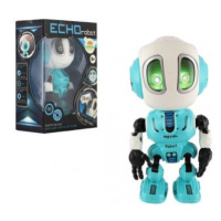 Robot ECHO opakující věty kovový 12cm modrý na baterie se zvukem se světlem v krabičce 10,5x15x5