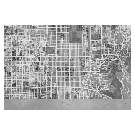 Mapa Map of Kyoto, Japan, in gray vintage style, Blursbyai, 40 × 26.7 cm