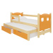 Dětská postel Campos s přistýlkou Rám: Borovice bílá, Čela a šuplíky: Oranžová