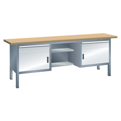 LISTA Dílenský stůl s deskou z překližky Multiplex, rámová konstrukce, 2 zásuvky, 2 dveře, 4 pol