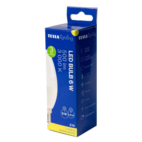 TESLA LED žárovka Candle C37, E14, 6W, 230V, 500lm, 25 000h, 3000K, 220°