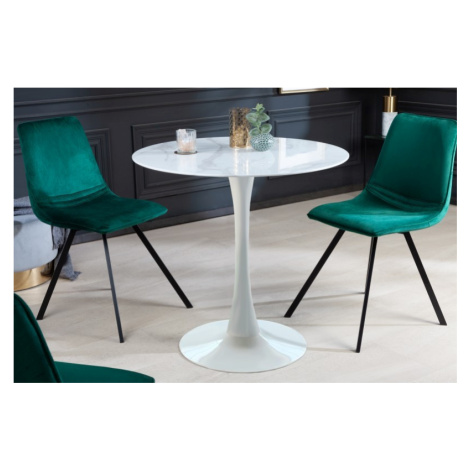 Estila Moderní kulatý jídelní stůl Velma v bílé barvě s mramorovou povrchovou deskou a kovovou p