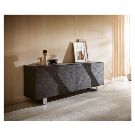 DELIFE Komoda Tereos 200 cm jasan tmavě hnědá 3D efekt 4 dvířka podnož nerezová ocel kartáčovaná