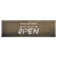 Hnědý běhoun Zala Living The Kitchen is Open, 50 x 150 cm