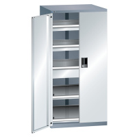 LISTA Zásuvková skříň s otočnými dveřmi, výška 1450 mm, 2 police, 3 zásuvky, nosnost 75 kg, šedá