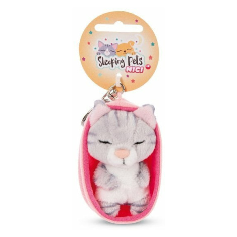 NICI klíčenka Spící kočička 8cm šedá pruhovaná, košík světle růžový