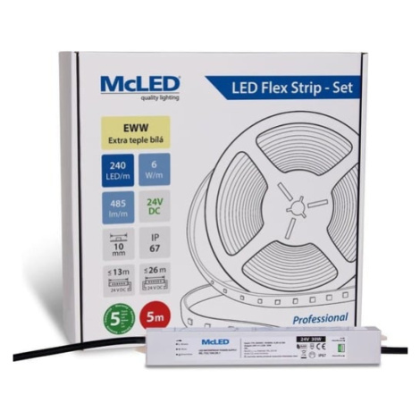 McLED LED pásek - sada 5 m, 240 LED/m, EWW, 6 W/m, DC 24V, 485 lm/m, CRI90, IP67, 10 mm, vodič 3