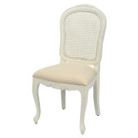 Estila Provence masivní bílá jídelní židle Preciosa s látkovou sedací částí a opěradlem z ratanu