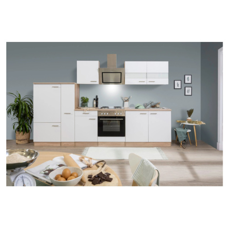 Respekta Kuchyně Merle bílá/dub 300 cm-nrz.deska/šikmá digestoř/lednice