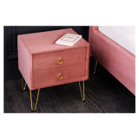 Estila Art deco designový noční stolek Bentley s růžovým sametovým potahem a zlatými nožičkami z