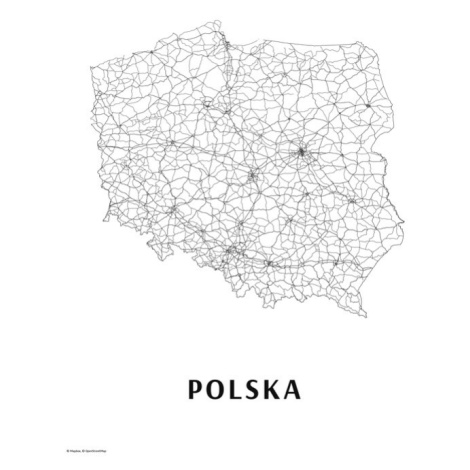 Mapa Polsko black & white, 30 × 40 cm