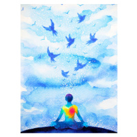 Ilustrace meditation human, flying birds in blue, Benjavisa, 30 × 40 cm