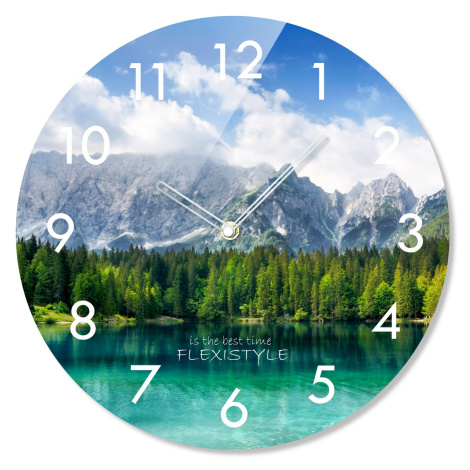 Kulaté skleněné hodiny 30 cm s motivem horského jezera