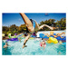 Fotografie Man in mid air jumping into pool during party, Thomas Barwick, 40 × 26.7 cm