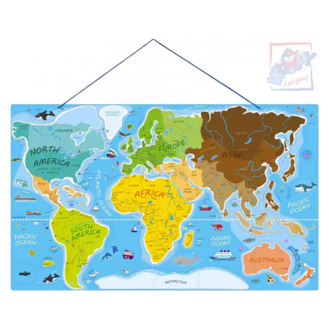 WOODY DŘEVO Svět v obrázcích 77x47cm Hra Puzzle naučné 2v1 mapa světa 86 dílků Dino