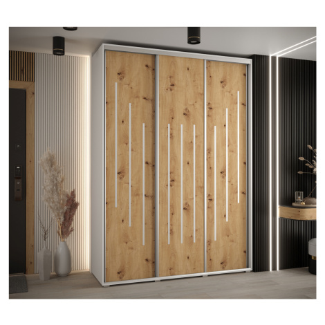 Šatní skříň YVONA 8 - 180/45 cm, bílá / dub artisan / stříbrná