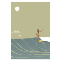Ilustrace Surfer girl full moon retro style vector, LucidSurf, 26.7x40 cm