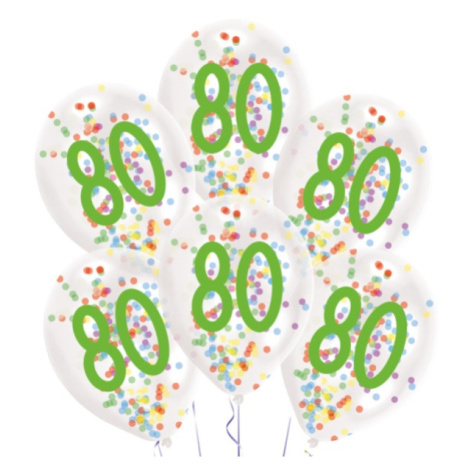 Balónky latexové transparentní s konfetami "80" 27,5 cm 6 ks Amscan