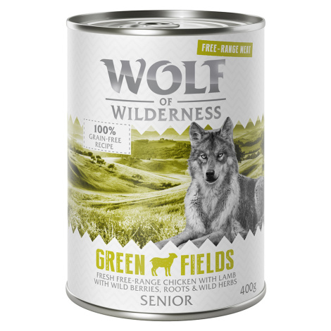 Wolf of Wilderness konzervy, 12 x 400 g - 10 + 2 zdarma - Senior Green Fields - jehněčí a kuřecí