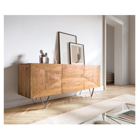 DELIFE Designová komoda Wyatt 175 cm 3D vzhled uprostřed akácie přírodní nerezová ocel