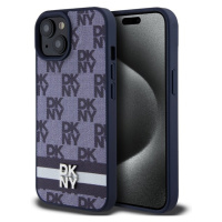 DKNY PU Leather Checkered Pattern and Stripe kryt iPhone 15 modrý