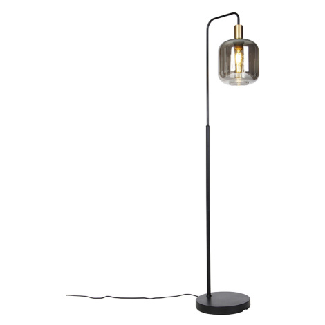 Designová stojací lampa černá se zlatem a kouřovým sklem - Zuzanna QAZQA