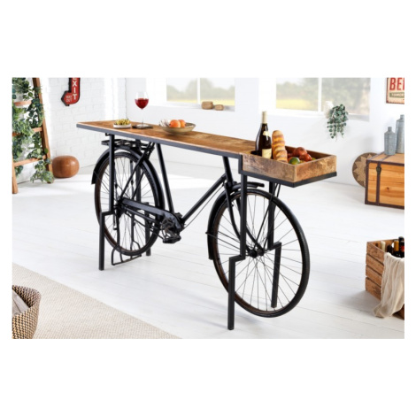 Estila Industriální designový barový pult Bicycle s masivní deskou a černou podstavou s koly 194