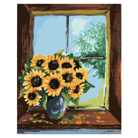 Malování podle čísel - SLUNEČNICE VE VÁZE U OKNA Rozměr: 40x50 cm, Rámování: vypnuté plátno na r
