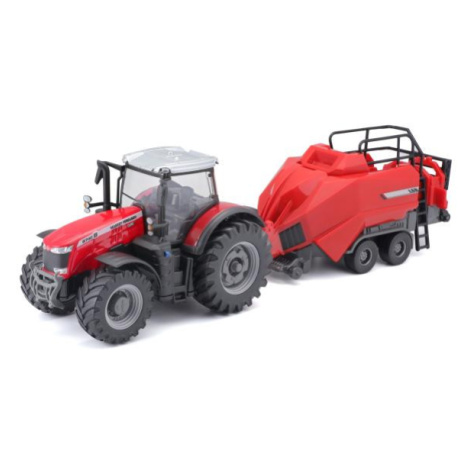 Bburago 1:50 Farm Traktor Massey Ferguson 8740S + Baler Lifter Rood