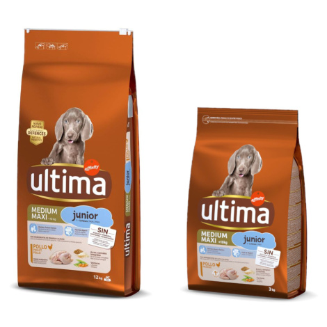 Ultima, 13 kg + 2 kg zdarma - Medium / Maxi Junior s kuřecím 13 kg + 2 kg Affinity Ultima