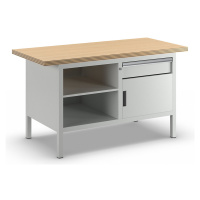 LISTA Dílenský stůl s deskou z překližky Multiplex, rámová konstrukce, 1 zásuvka, 1 dveře, 3 pol