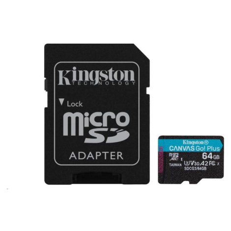 Kingston MicroSDXC karta 64GB Canvas Go! Plus, R:170/W:70MB/s, Class 10, UHS-I, U3, V30, A2 + Ad