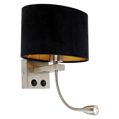 Nástěnná lampa z oceli s oválným sametovým stínítkem, černá, 25 cm - Brescia Combi QAZQA