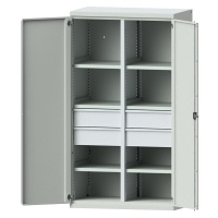 eurokraft pro Ocelová skříň pro velká zatížení, 6 polic, 4 zásuvky o výšce 180 mm, světle šedá /