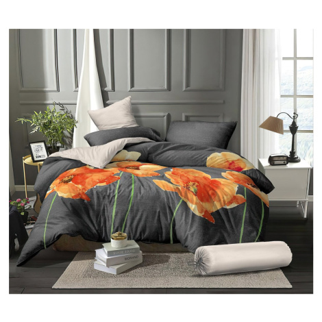 SLEEP WELL povlečení VLČÍ MÁKY mikroflanel, červenooranžová-šedá 140x200cm + 70x90cm