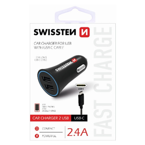 Adapter CL SWISSTEN 2x USB + USB-C kabel 2,4A, černá (BLISTR)