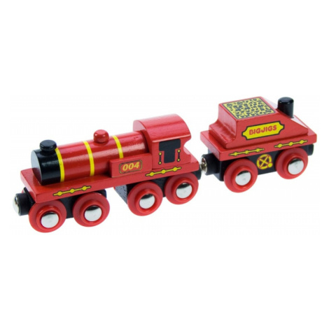 Vláček Bigjigs - Červená lokomotiva s tendrem + 3 koleje