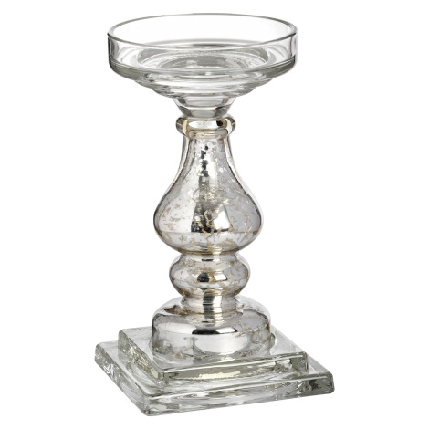 Estila Antický skleněný stříbrný stojan na svíčku 24cm