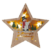 Nexos 86858 Dřevěná hvězda s motivem sněhuláka, 8 LED, teplá bílá