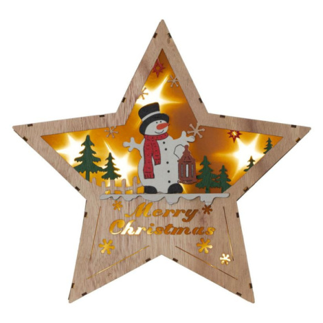 Nexos  86858 Dřevěná hvězda s motivem sněhuláka, 8 LED, teplá bílá
