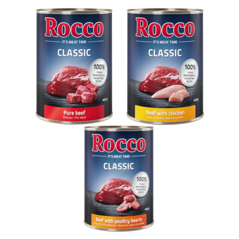 Rocco Classic zkušební mix 6 x 400 g - nejprodávanější mix: hovězí, hovězí/drůbeží srdce, hovězí