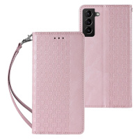 Magnet Strap knížkové kožené pouzdro na Samsung Galaxy S22 Plus, růžové